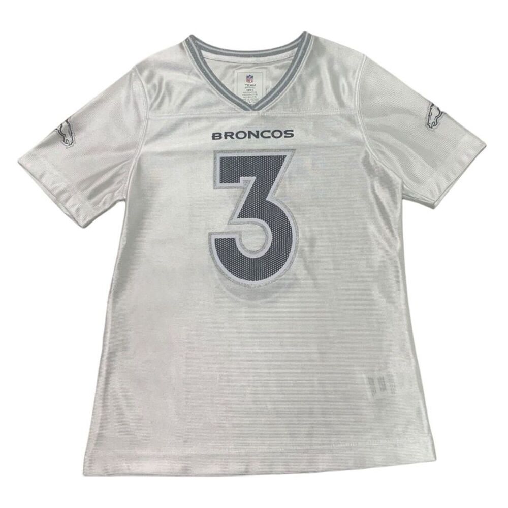 NFL Denver Broncos Russell Wilson Girls White Glitter Trim Jersey, Small (6/6X)
